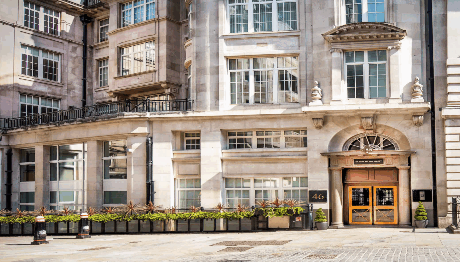 Exterior entrance of Office Space in Town Liverpool Street located on New Broad Street, showcasing the professional doorway to our high end serviced offices near Liverpool Street Station.