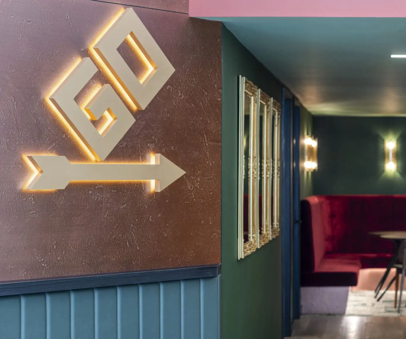 Luxury reception area featuring the Monopoly GO sign at our Liverpool Street office space at 46 New Broad Street by Office Space in Town.