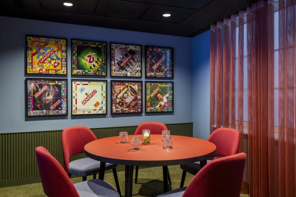 High spec board meeting room within our Monopoly themed building to hire meeting rooms in Liverpool Street at Office Space in Town.