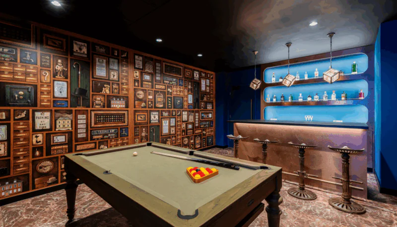 Alt Text: Mr M’s Cabinet of Curiosities speakeasy and games room at our boutique office space to rent in Liverpool Street London.