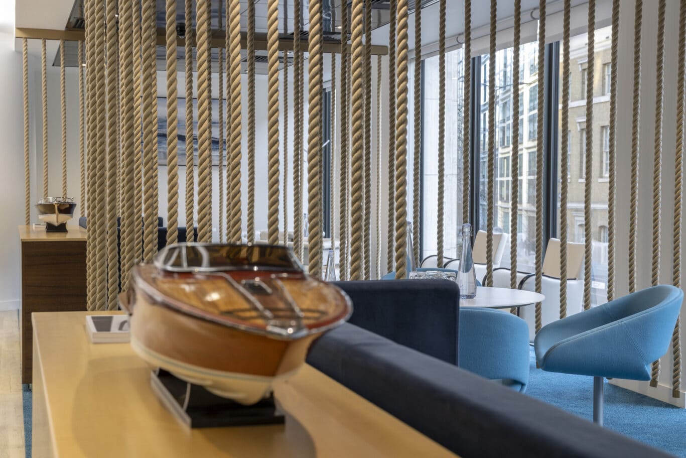 Luxury serviced office breakout space in Monument London EC3R at OSiT 20 St Dunstan's Hill with high speed Wi-Fi and high end nautical design.