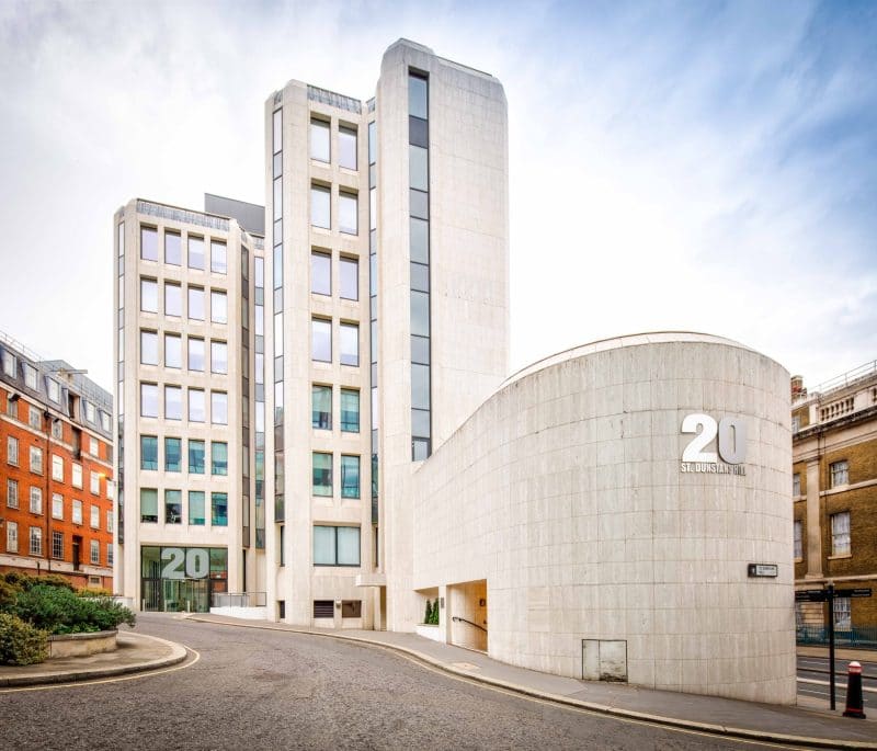 The prestigious entrance and exterior of Office Space in Town Monument, showcasing our award winning boutique office building located near Monument Station and the Thames.
