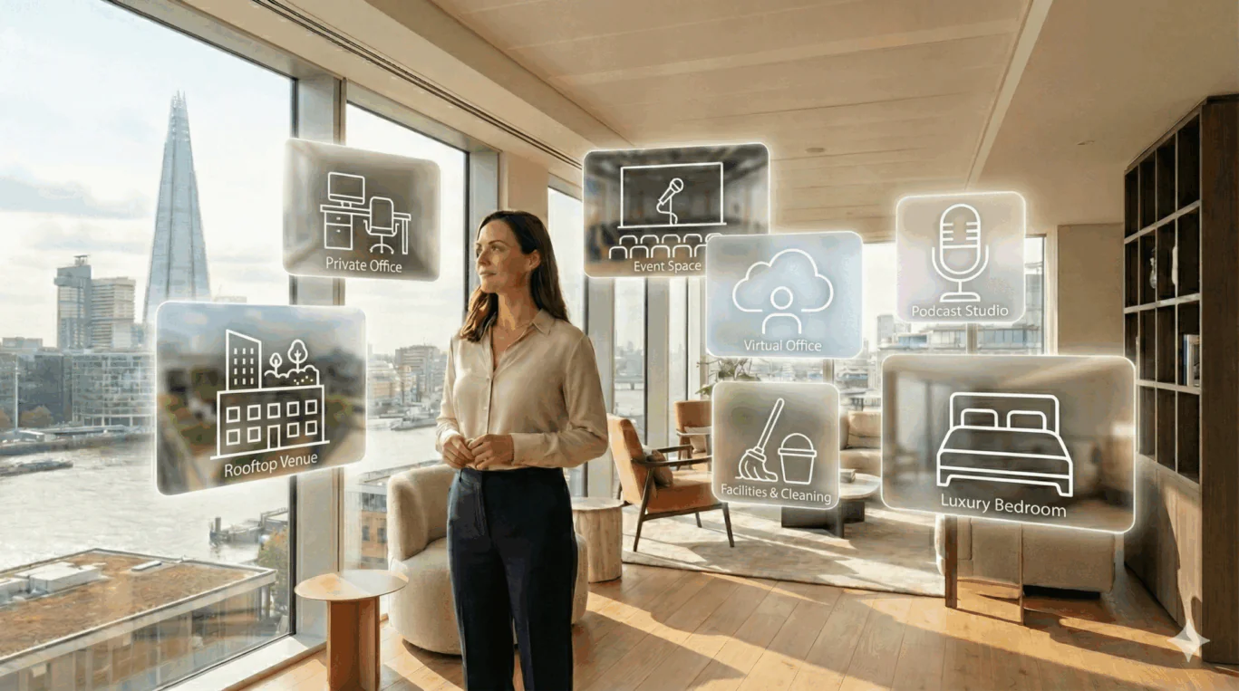 Office Space in Town (OSiT) boutique business services including professional meeting room hire, virtual offices, luxury rooftop event venues at The Deck, on-site serviced bedrooms at The Cabins, and flexible Adjust day office rentals across London, Cardiff, and Edinburgh.