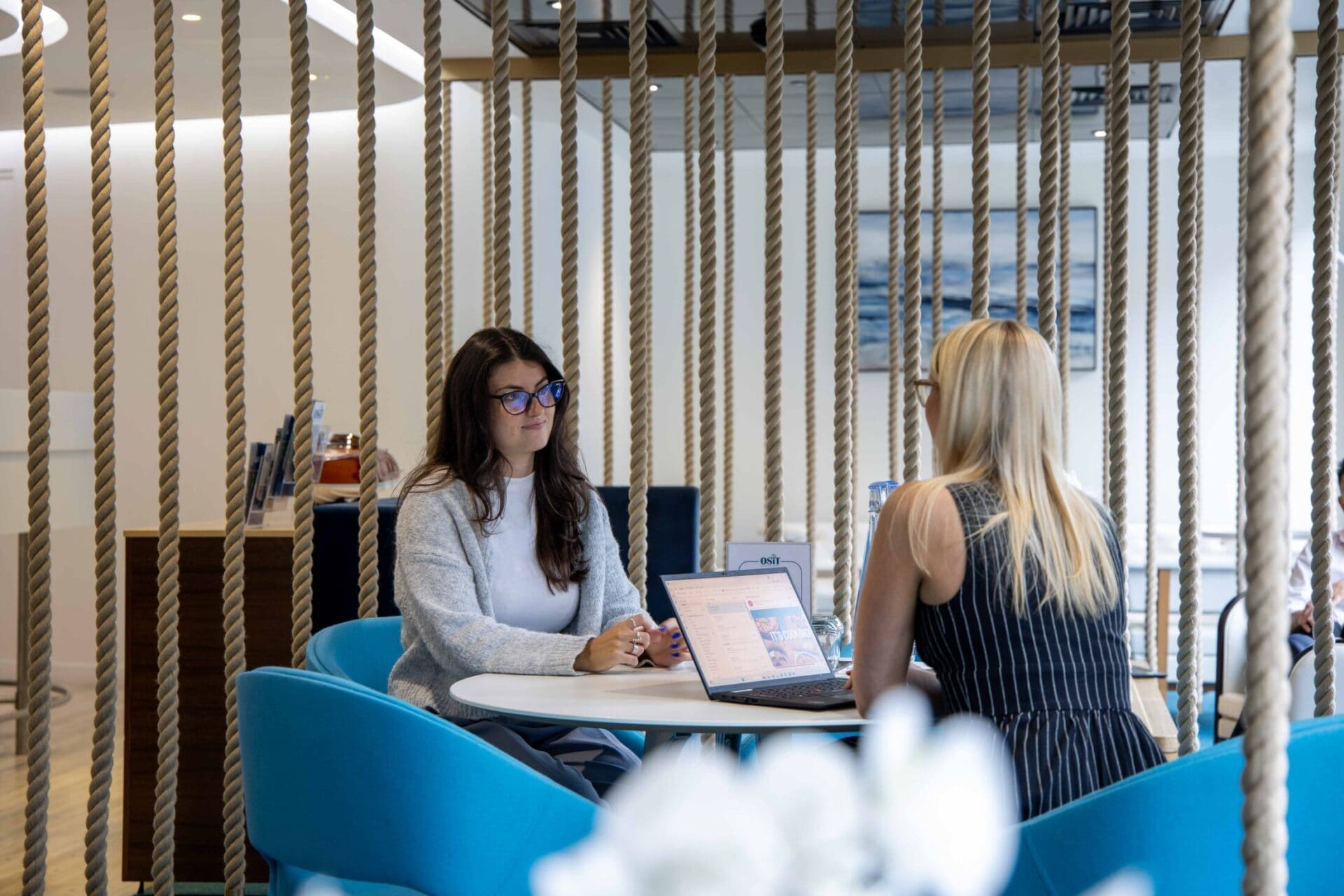 Luxury serviced office breakout space in Monument London EC3R showcasing the boutique nautical design at 20 St Dunstan's Hill with high speed Wi-Fi and premium facilities for City professionals.