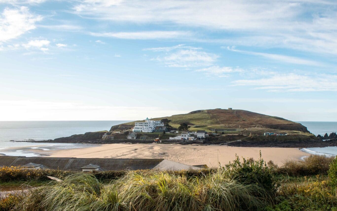 The tidal island of Burgh Island at Bigbury on Sea, featuring the luxury Burgh Island Hotel and beautiful views of the Atlantic Ocean.