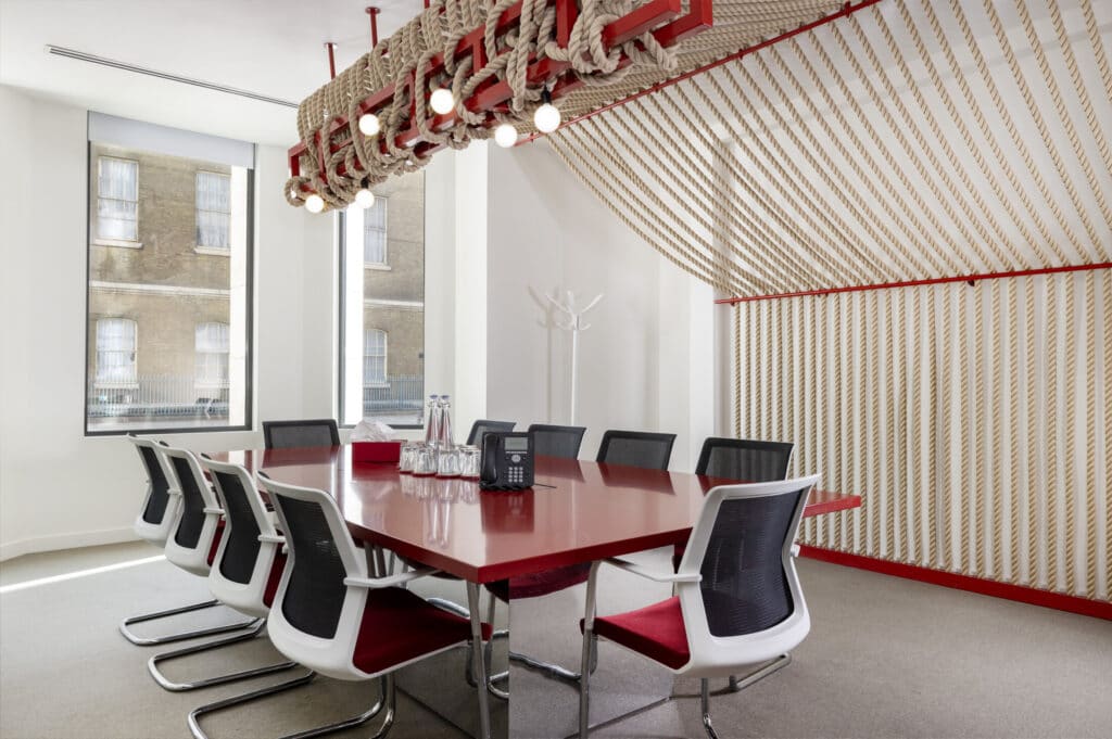 Luxury meeting room hire in London EC3R near Monument Station, highlighting the nautical-themed Knot boardroom at 20 St Dunstan's Hill for executive sessions and business presentations overlooking the City.