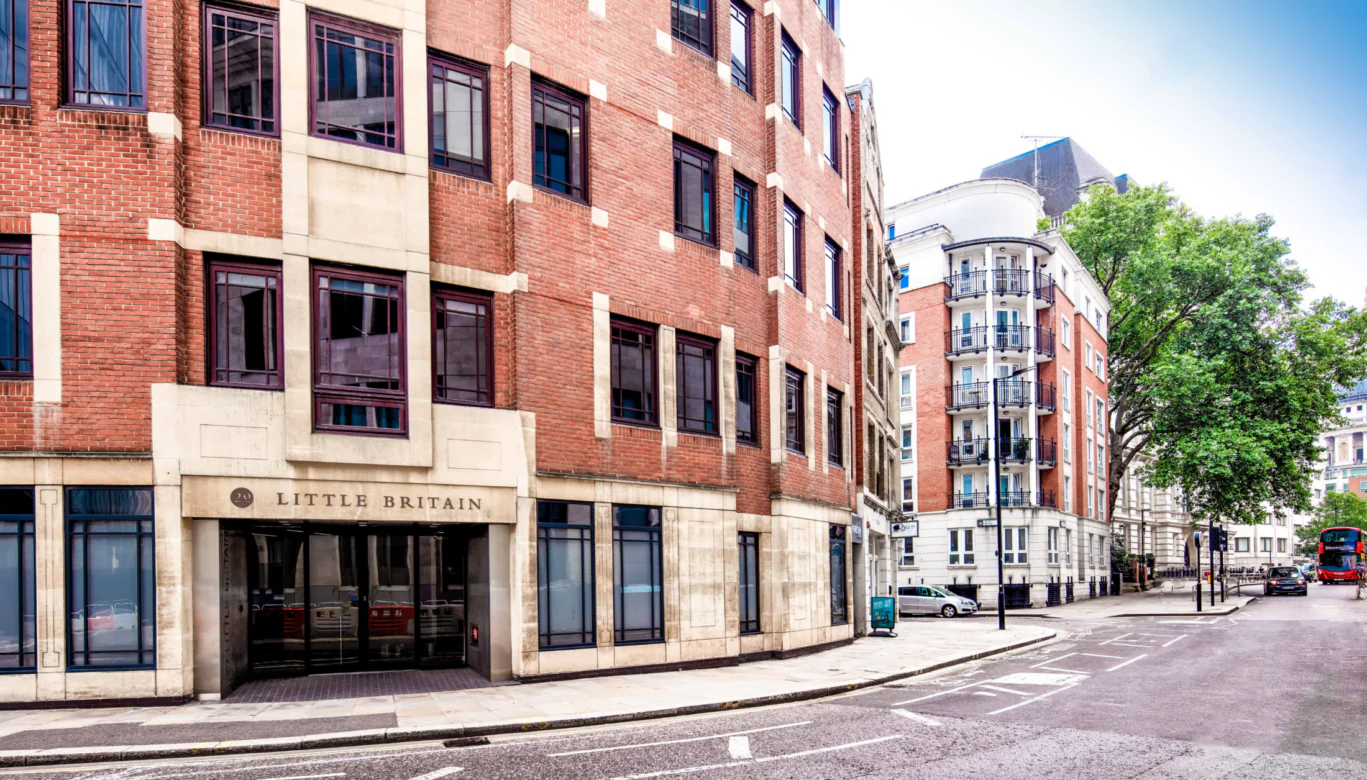 Luxury serviced office entrance in London EC1A, highlighting the boutique frontage of OSiT near St Paul’s Cathedral and Smithfield Market for corporate business clients.
