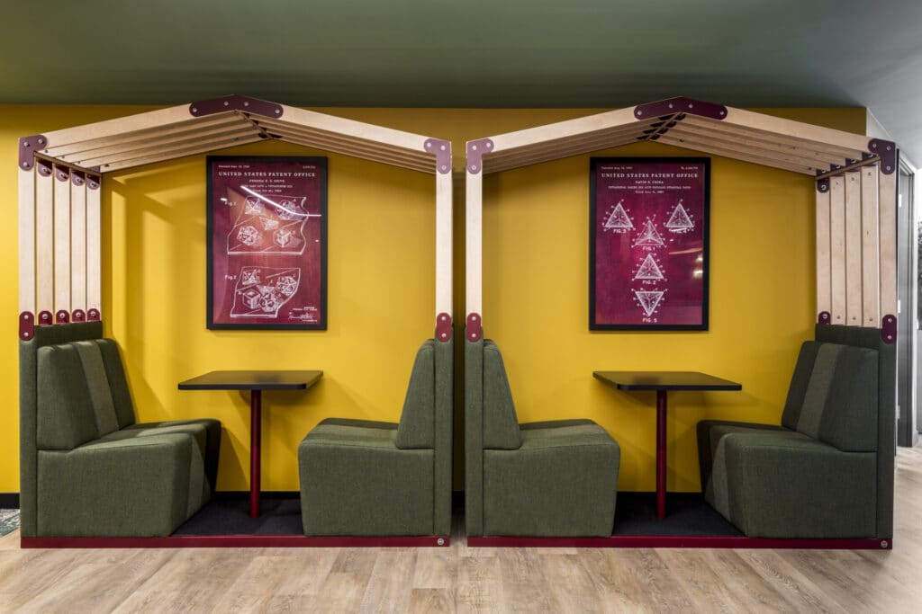 Modern communal lounge in our Monopoly themed building for businesses seeking office space to rent in Liverpool Street at Office Space in Town.