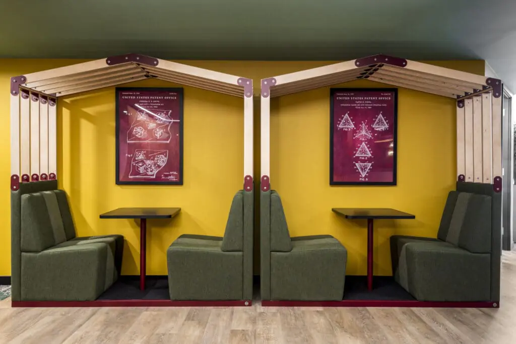 Modern communal lounge in our Monopoly themed building for businesses seeking office space to rent in Liverpool Street at Office Space in Town.