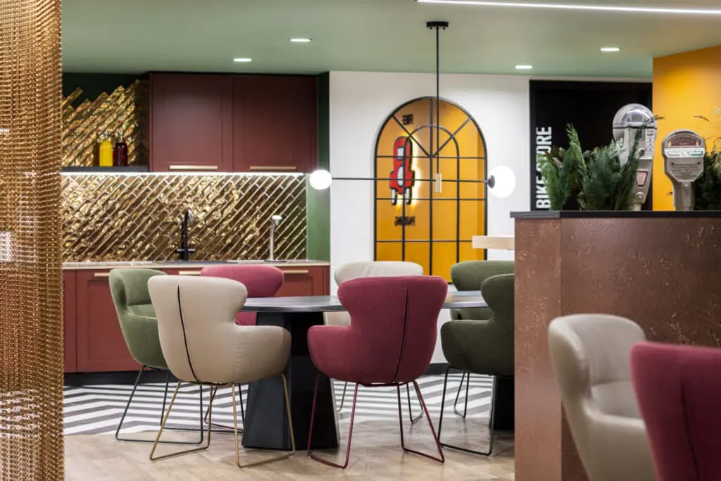 Stylish seating and collaboration area at our boutique office space to rent in Liverpool Street London at Office Space in Town.