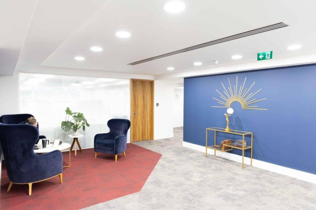 Boutique lounge and seating area at our office space to rent in Liverpool Street London featuring luxury furnishings at Office Space in Town.