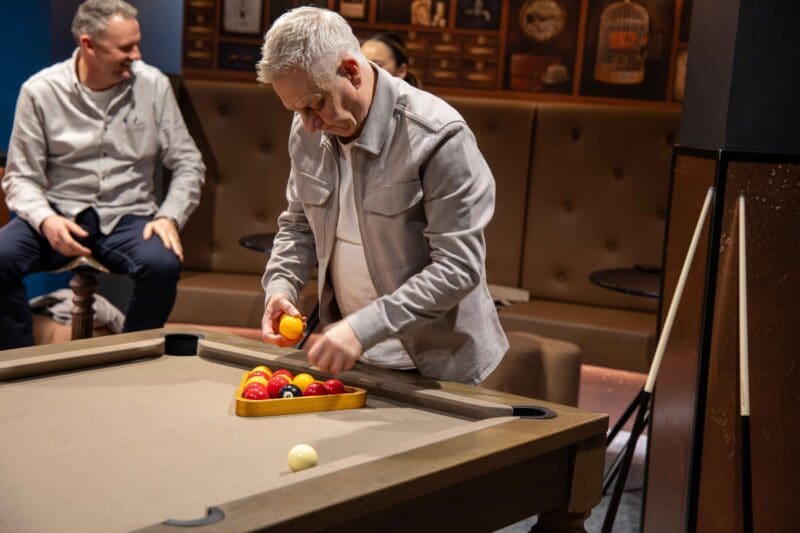 Luxury games area featuring a pool table in the Monopoly themed office space to rent in Liverpool Street at Office Space in Town.